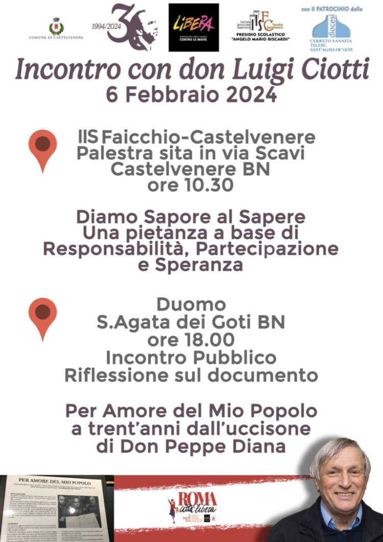 Don Luigi Ciotti nel Sannio con due appuntamenti, a Castelvenere e a Sant’Agata de Goti